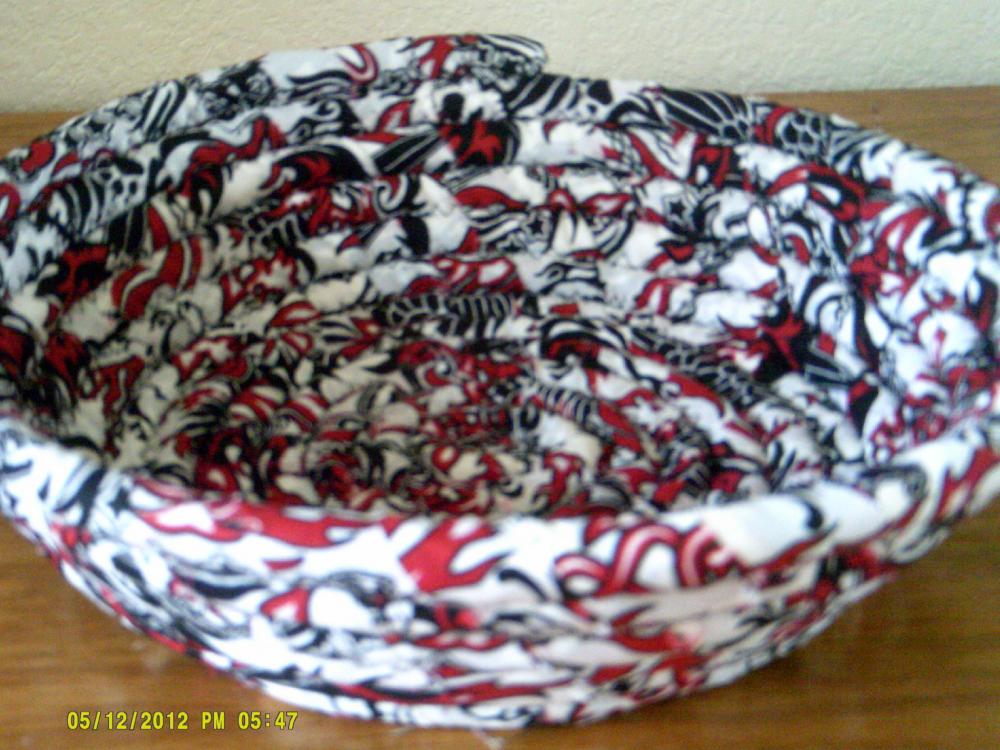 Handmade Black, Red and White Basket or Bowl, 10 inch diameter and 3.25 inches tall