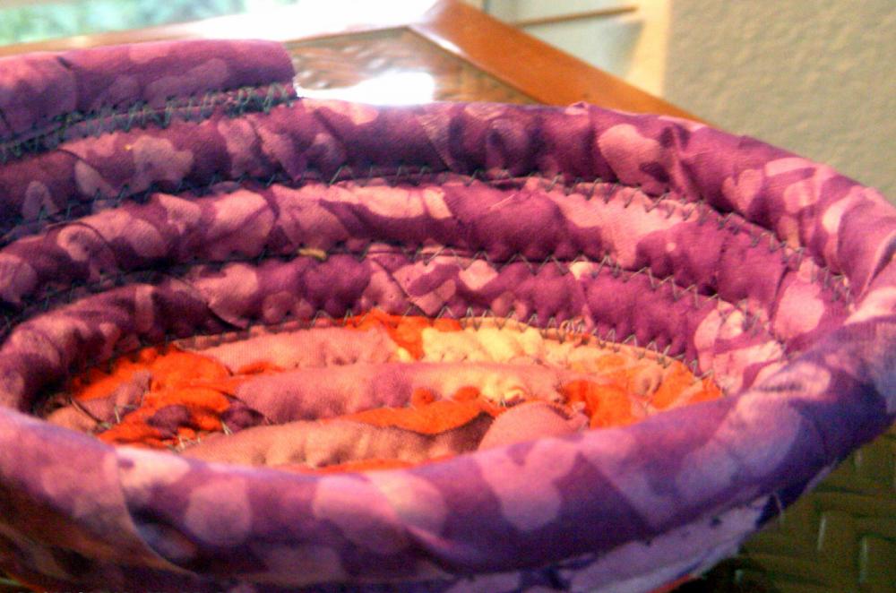 Basket or Bowl Oval Fabric Coiled - 6.75 inch - Purple and Orange