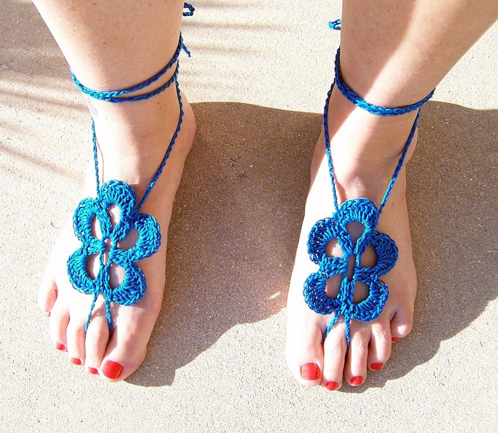 Barefoot Sandals Tourquoise Crochet, Beach wear, Nude shoes, Foot jewelry, Wedding, Victorian, Lace, Sexy, Yoga, Pool