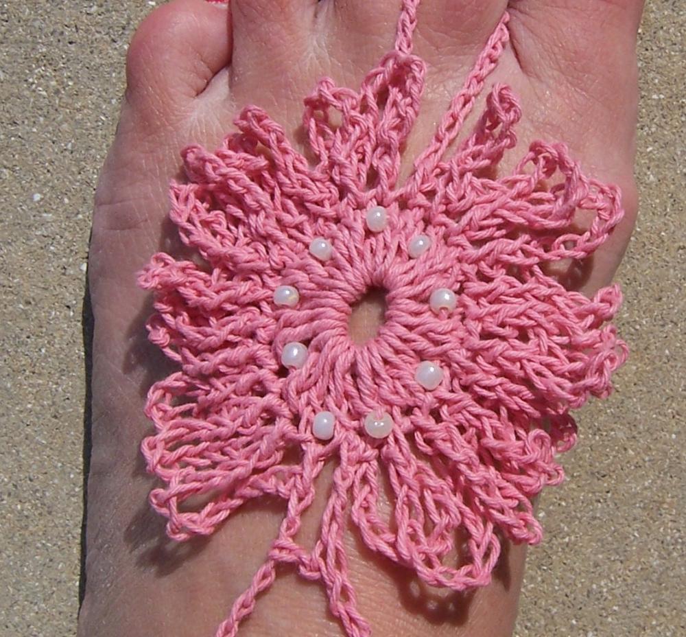 Barefoot Sandals Pink Fingerless Gloves Beaded Pearl Crochet, Beach wear, Nude shoes, Foot jewelry, Wedding, Victorian, Lace, Yoga, Pool