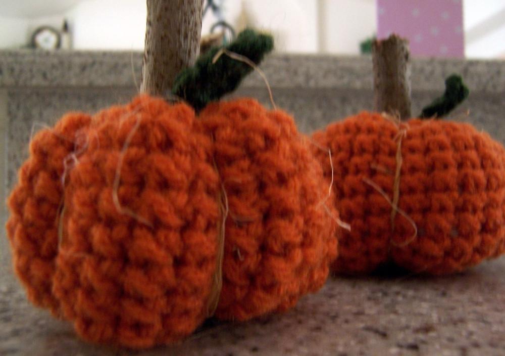 3 Little Crochet Pumpkins with Wood Stems
