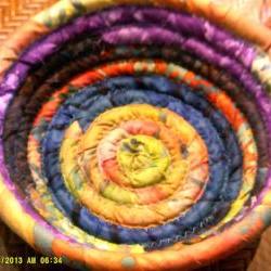 Coiled Fabric Basket Bowl multi-colored Yellow, Purple, Blue, Orange, Turquoise - 8 inches across