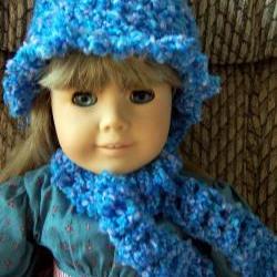 American Girl Crochet Hat with Ruffle Trim and Scarf - Blue