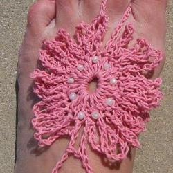 Barefoot Sandals Pink Fingerless Gloves Beaded Pearl Crochet, Beach wear, Nude shoes, Foot jewelry, Wedding, Victorian, Lace, Yoga, Pool