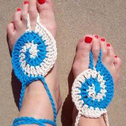 Barefoot Sandals Tourquoise Crochet, Beach wear, Nude shoes, Foot jewelry, Wedding, Victorian, Lace, Sexy, Yoga, Pool
