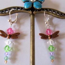 SALE - 4 Dollars off - Dragonfly Swarovski Crystal Earrings Dangles - Multi Colored